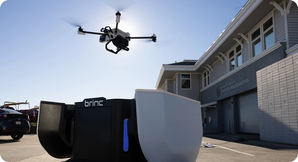 Guardian flying above its station outside a building
