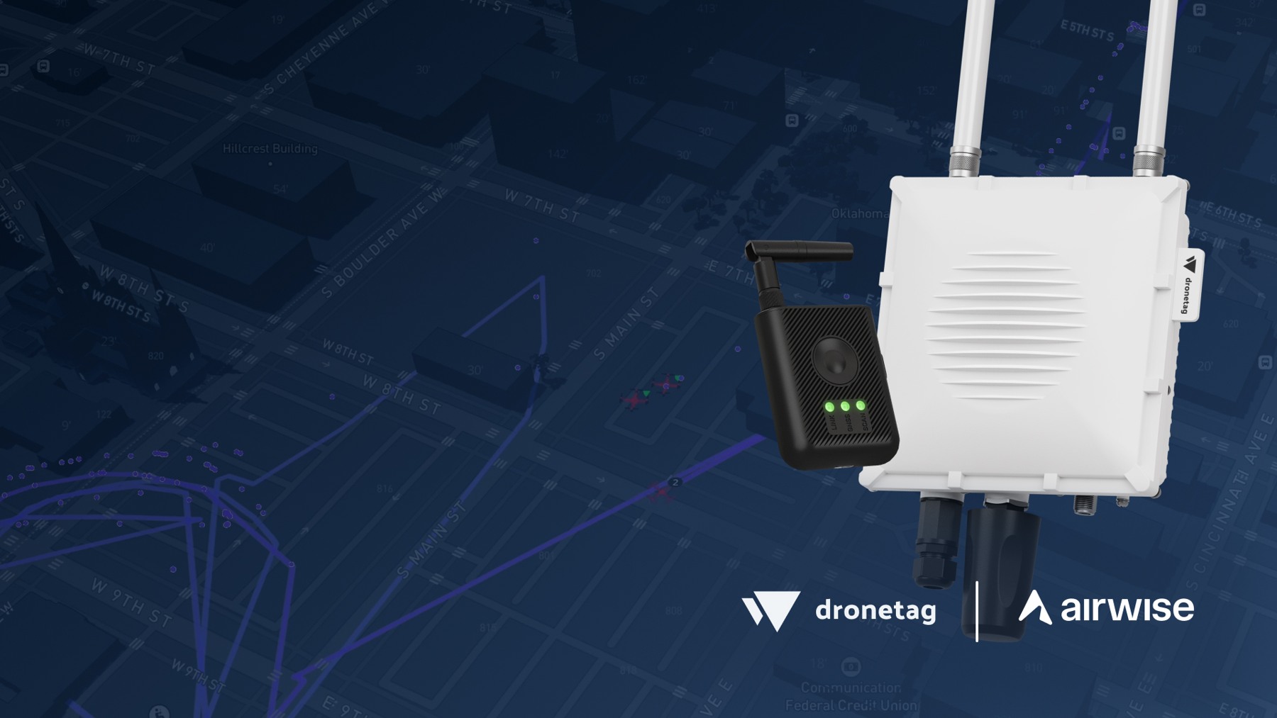 Dronetag source artwork showing detection equipment and integration partners. Product illustration, not a measured detection result.