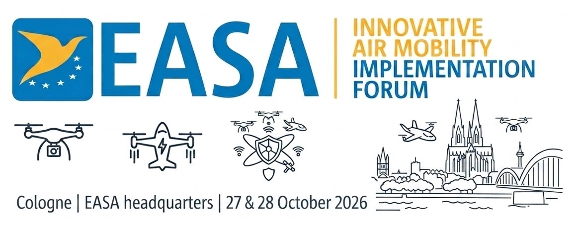 EASA source identity artwork for the Innovative Air Mobility Implementation Forum. Event material, not an operating authorization.