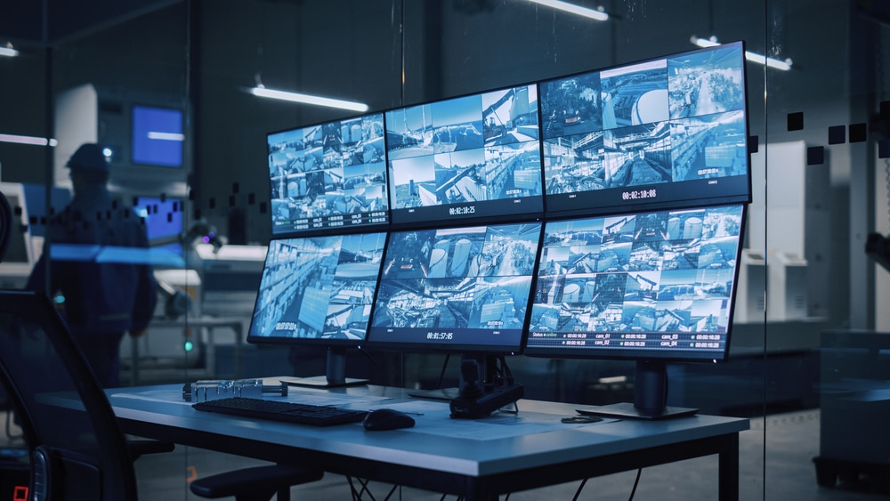 Illustrative monitoring room with several live camera displays