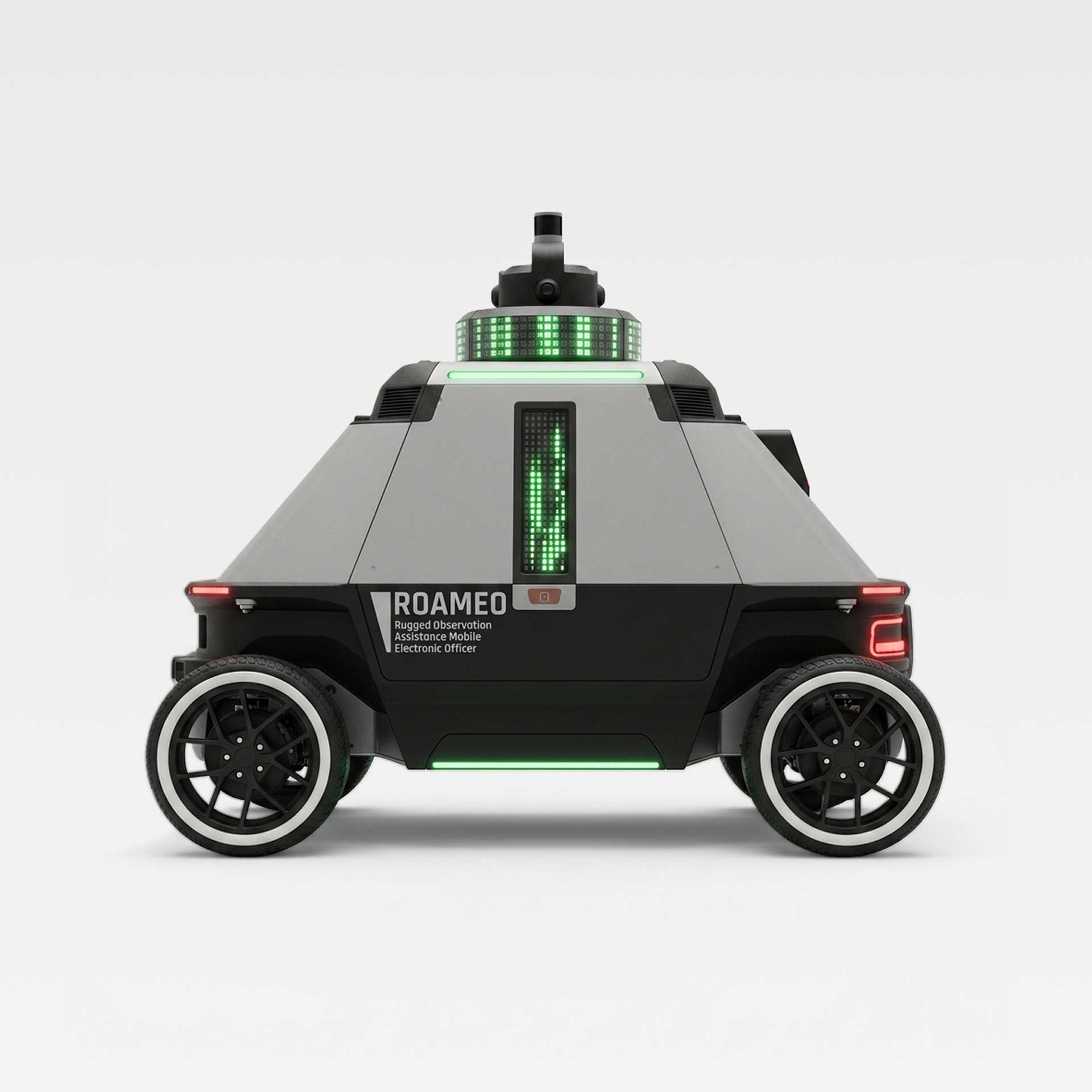 ROAMEO autonomous security patrol robot in side profile with its sensor mast, LED signage panel, and white-wall tires, on a light grey background