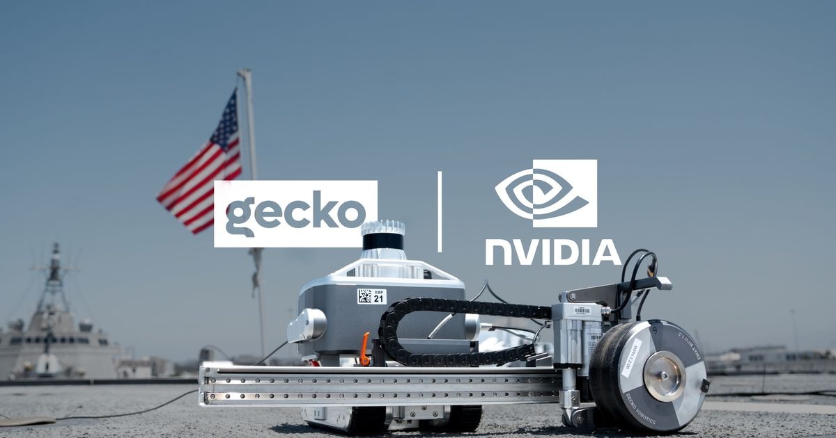 Gecko Robotics source composite showing partner branding and industrial robotic equipment. Announcement artwork, not proof of safety certification.
