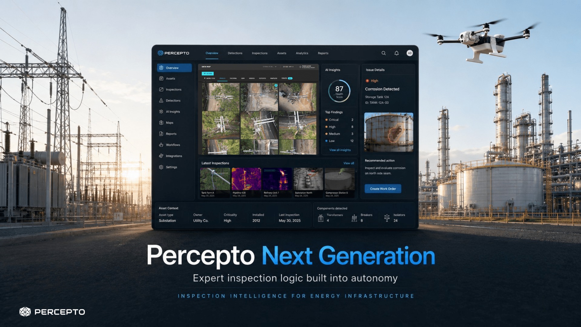 Percepto’s next-generation inspection platform announcement artwork. A source-supplied product composite, not proof of a specific inspection result.